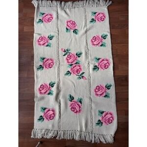Vintage Crochet Pink Roses Granny Cottage Afghan Blanket Throw 68" x 42"